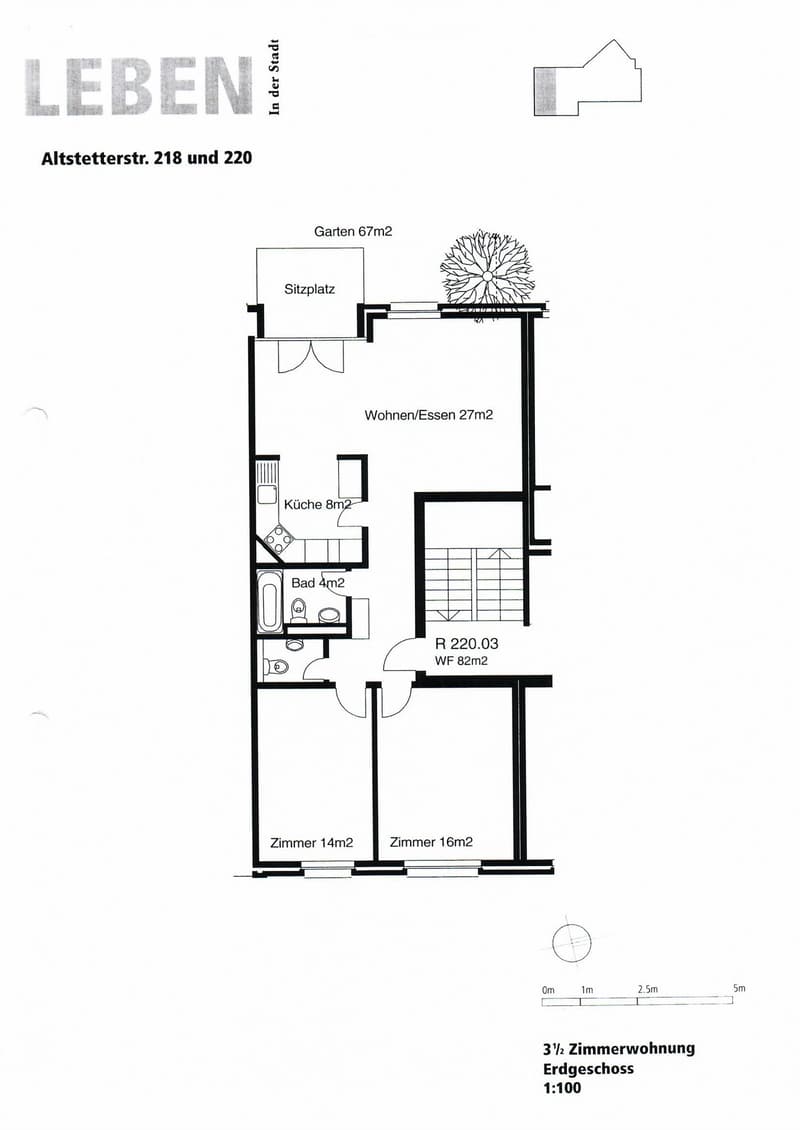 Floor plan of a 3.5-room apartment on the ground floor, including living/dining area, kitchen, bathroom, two bedrooms, and a garden with seating area.