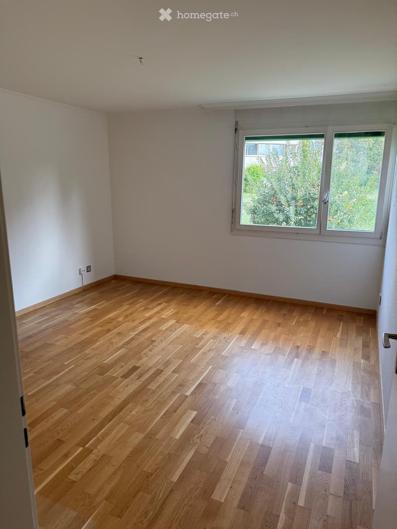 Empty room with light wooden flooring and white walls, featuring a large window with a view of greenery outside.