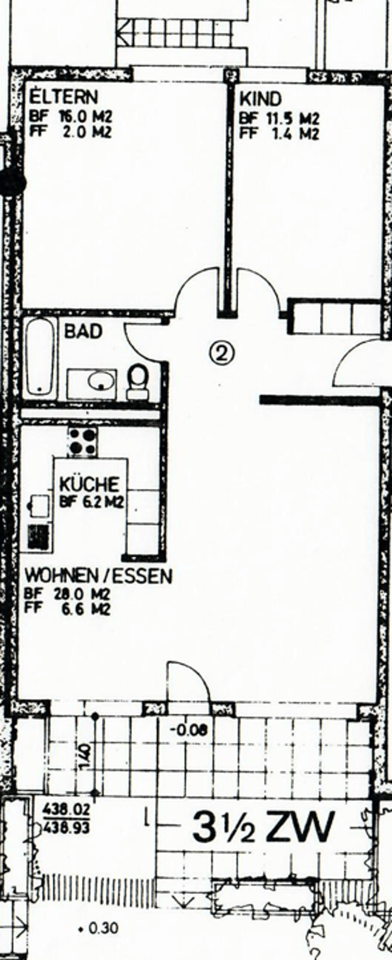 Floor plan of a 3.5-room apartment with labeled rooms: parents' bedroom (16.0 m²), child's bedroom (11.5 m²), bathroom, kitchen (6.2 m²), living/dining area (28.0 m²), and hallway.