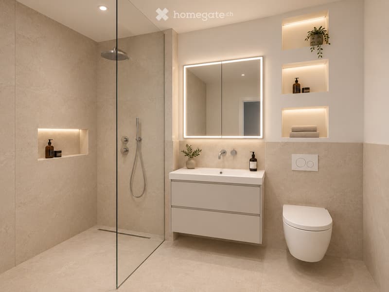 Modern bathroom with beige tiles, a white sink with a mirror, a toilet, a glass-enclosed shower, and built-in illuminated shelves holding plants and toiletries.