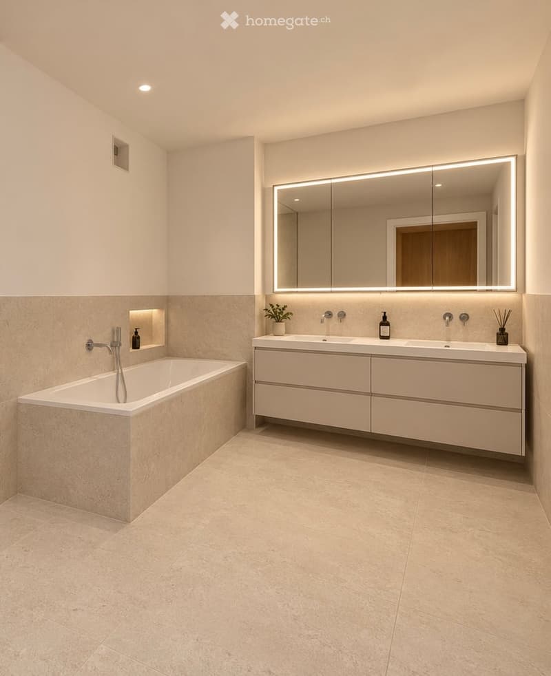 Modern bathroom with a large bathtub, double sink vanity, illuminated mirror, and built-in storage. Light-colored tiles and sleek fixtures.