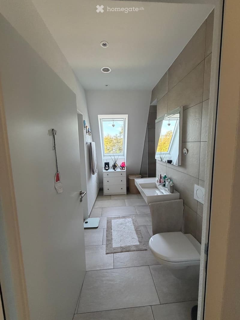 Modern bathroom with a toilet, sink, mirror, and cabinet. Features a large window with a view, a small rug, and a towel hanging on the wall.