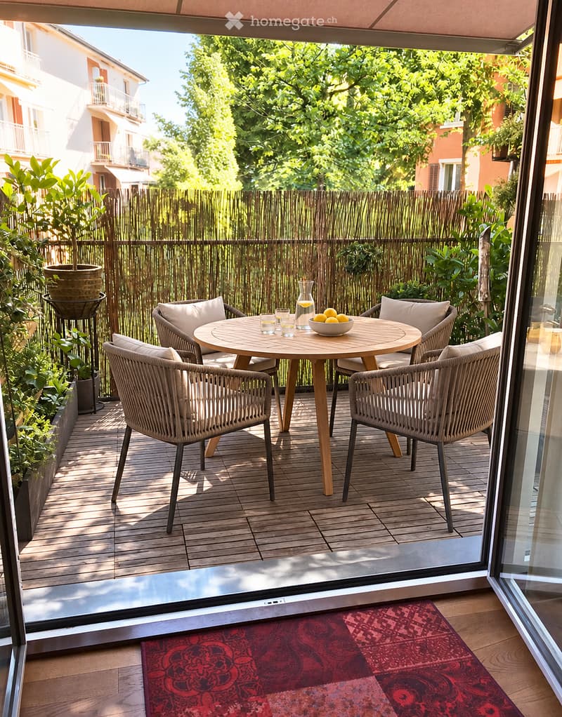 A modern wooden balcony with a round table, four wicker chairs, a bowl of fruit, and a glass vase, surrounded by greenery and a wooden fence.