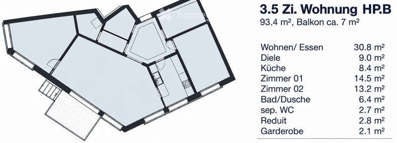 Floor plan of a 3.5-room apartment with a living/dining area, kitchen, two bedrooms, bathroom/shower, separate WC, pantry, and hallway. Includes a balcony.