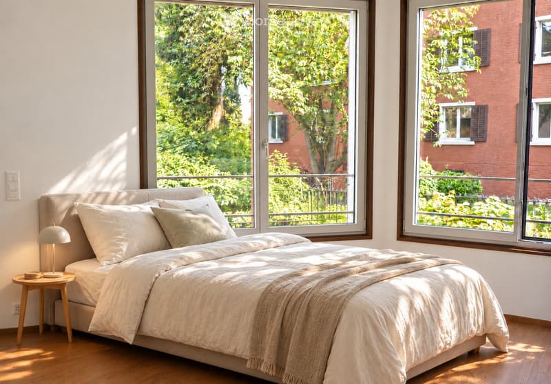 Bright bedroom with large windows, wooden floor, bed with pillows and blanket, nightstand with lamp.