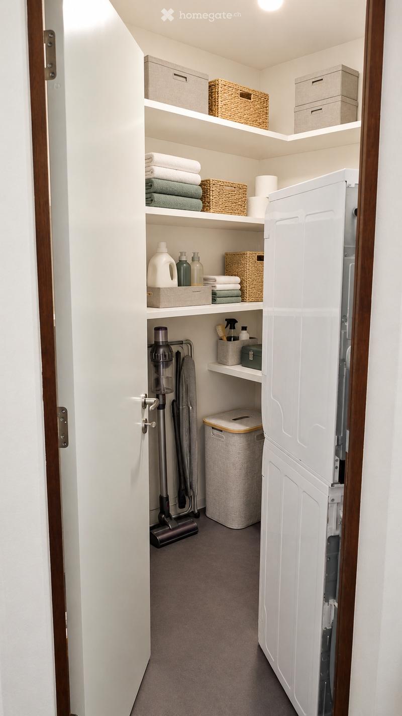A well-organized laundry room with a washing machine, shelves filled with towels, cleaning supplies, and storage baskets, and a vacuum cleaner placed near the door.