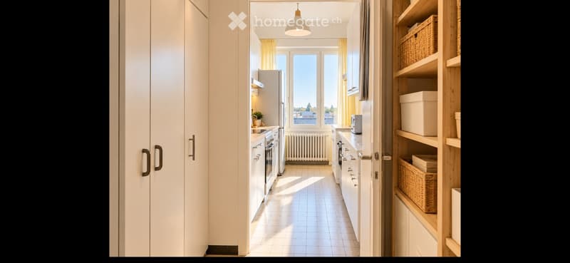 Modern kitchen with white cabinets, stainless steel appliances, and a view through large windows.