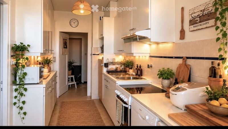 Modern kitchen with white cabinets, stainless steel appliances, and warm lighting. Includes microwave, oven, dishwasher, sink, cutting board, rice cooker, and potted plants.