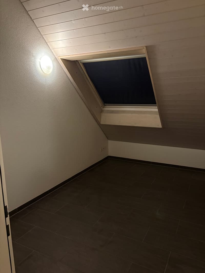 Empty room with dark tiled floor, light-colored walls, and a skylight window in the ceiling.