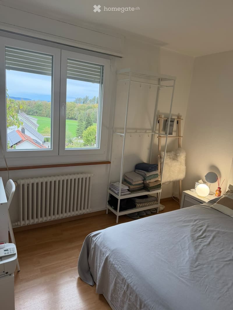 Cozy bedroom with wooden flooring, large windows offering a scenic view, a neatly made bed, a white shelving unit with folded towels, a small nightstand with a lamp, and a radiator under the windows.