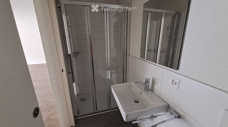 Modern bathroom with a white sink, large mirror, and glass-enclosed shower. The space features white tiles and a sleek, contemporary design.