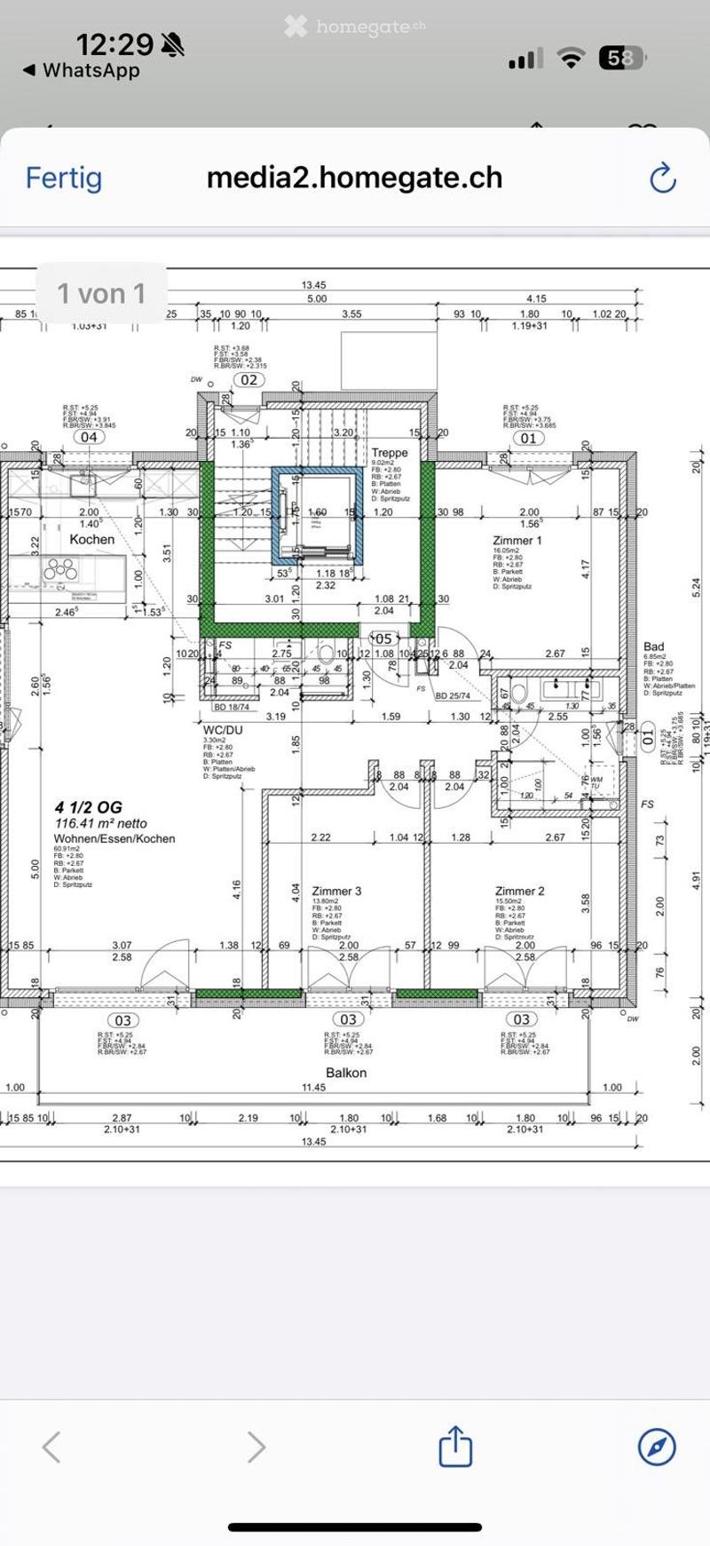 Floor plan of a 4.5-story residential unit with labeled rooms including kitchen, living room, bedrooms, bathrooms, and balcony.