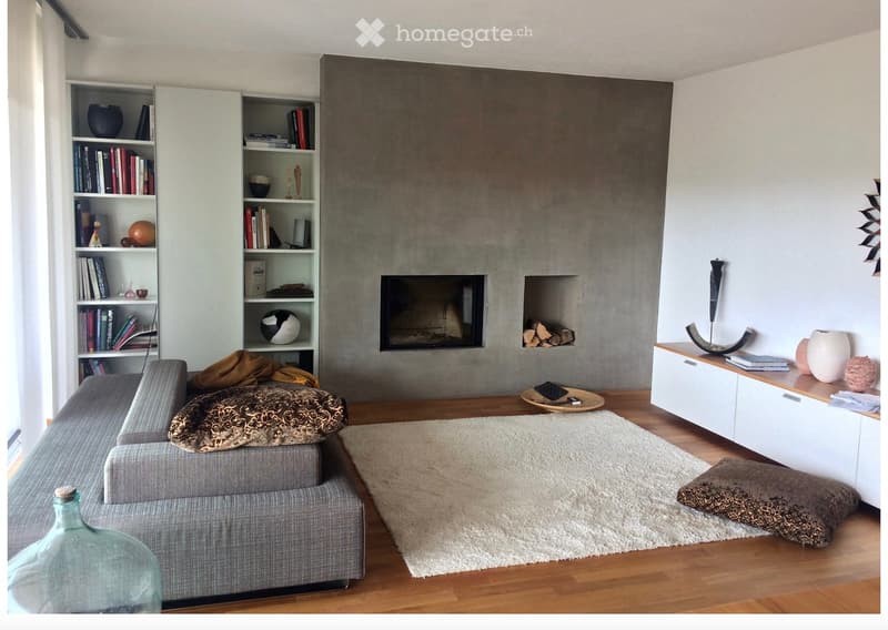Modern living room with a grey sectional sofa, a built-in bookshelf, a fireplace, a white shag rug, and decorative items including vases and a sculpture.