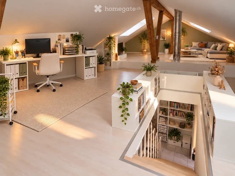 Modern, open-concept attic space with a desk area and a living area. The desk features a chair, screen, and various office supplies. The living area includes a sofa, coffee table, and decorative plants. Shelving units with books and plants are visible, an