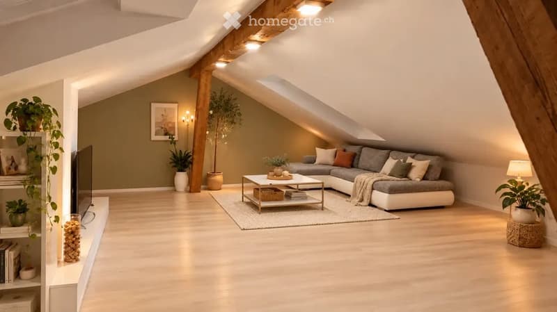 Modern living room with wooden flooring, grey sectional sofa, coffee table, bookshelf, and potted plants. The room features exposed wooden beams and recessed lighting.