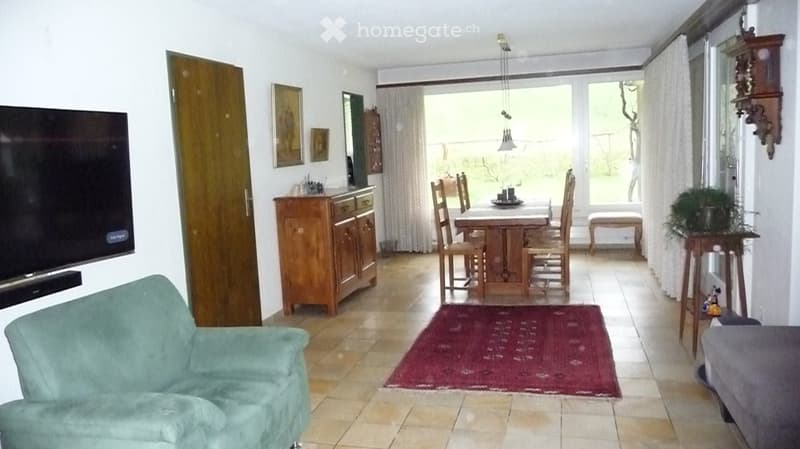 A well-furnished living and dining area with a sofa, dining table, chairs, a cabinet, a television, and a plant. The space features large windows with white curtains and a red rug on the floor.