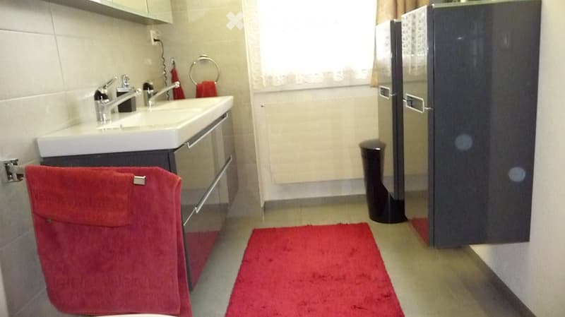 Modern bathroom with a white sink, chrome faucet, dark grey cabinet, red towels, and a glass shower enclosure.