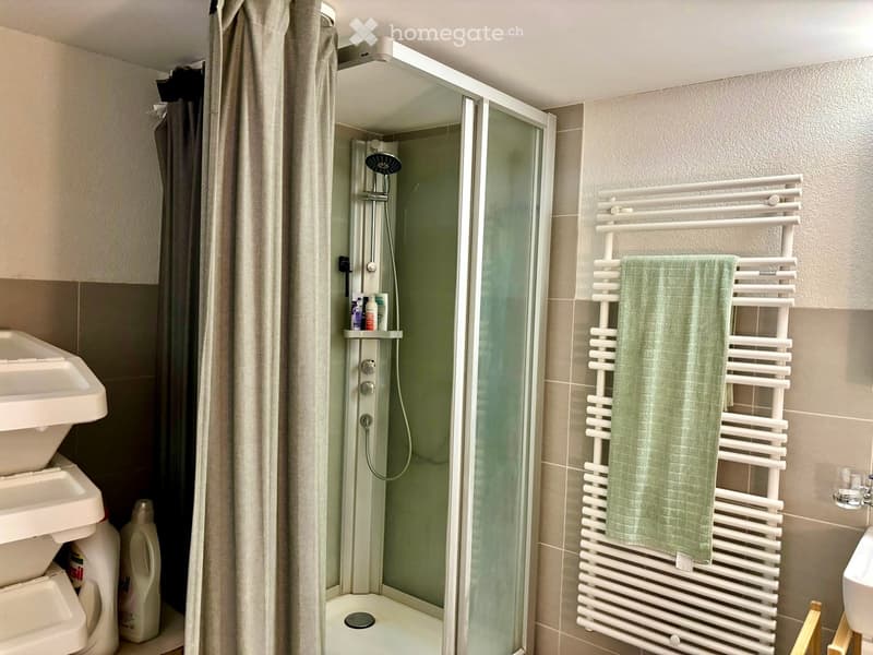 Modern bathroom with a glass-enclosed shower, towel rack with a green towel, sink, toilet, and a bottle on the floor.