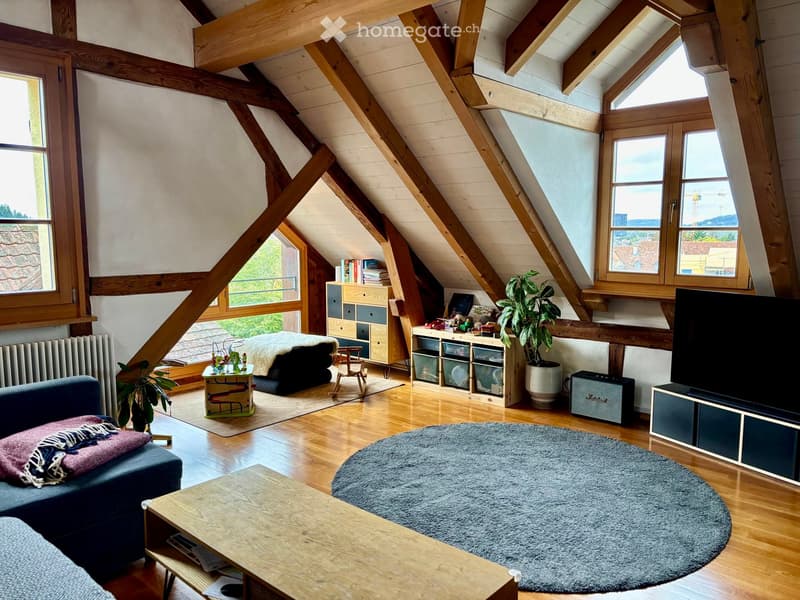 Loft-style living room with wooden beams, exposed wooden ceiling, large windows, sofa, coffee table, round rug, TV stand, storage unit, bed, small table, chair, radiator, bookshelf, and plants.