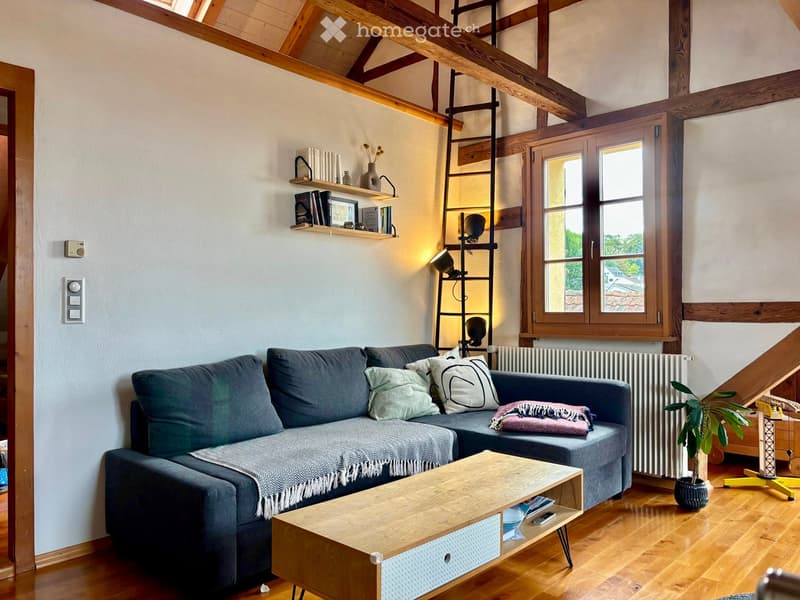 Cozy living room with exposed wooden beams, grey sectional sofa, wooden coffee table, potted plant, and a shelf with books and decorative items.