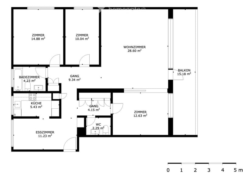 Floor Plan. Floor plan of an apartment with a living room, kitchen, dining room, two bedrooms, bathroom, WC, and balcony.