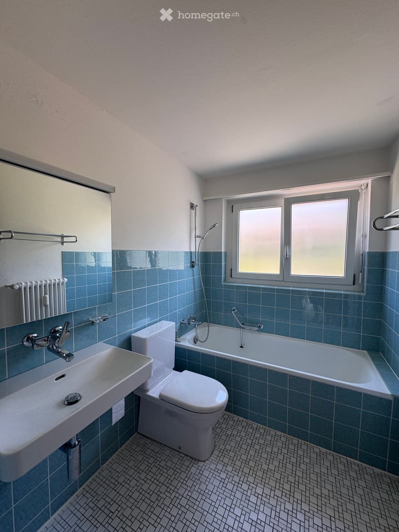Bathroom with blue tiled walls, white sink, toilet, bathtub, and a window with frosted glass panes.
