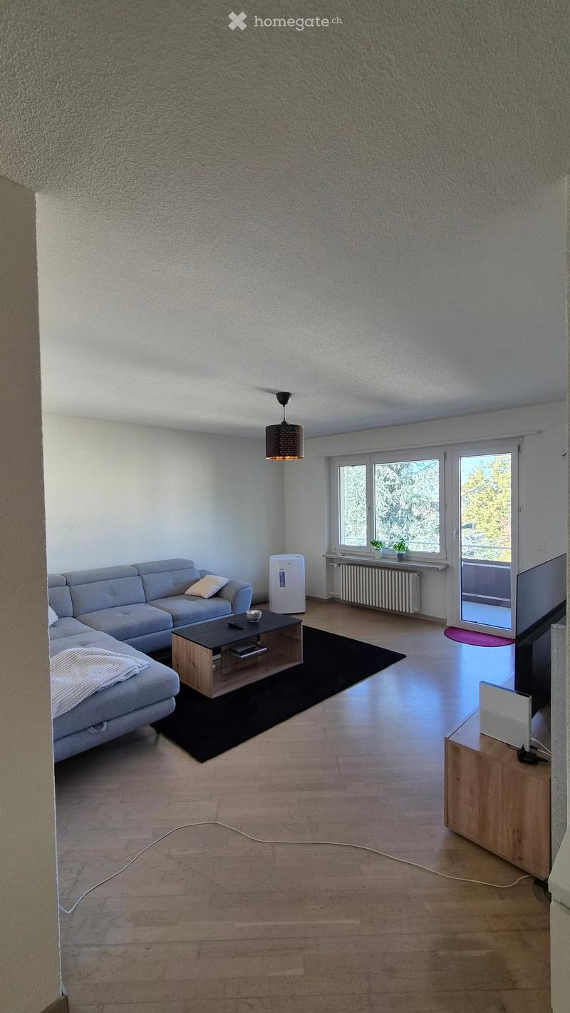 Modern living room with light grey sectional sofa, wooden coffee table, TV stand, radiator, and small refrigerator. Features large windows with a view and a hanging pendant light.