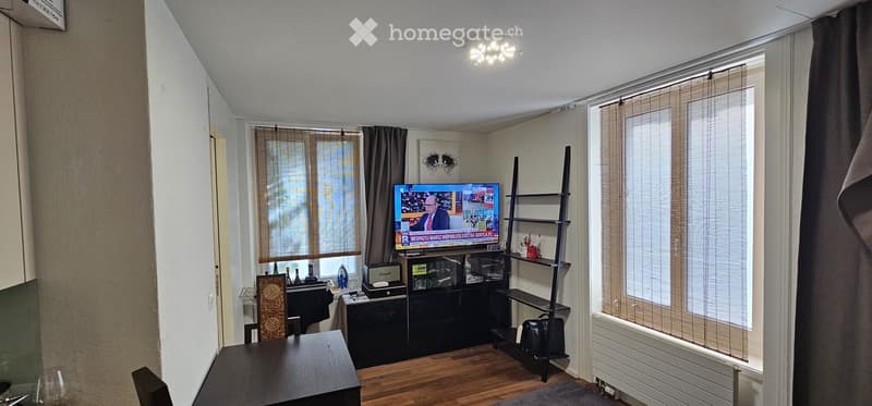 A modern living room with a wooden floor, large windows with blinds, a television on a stand, a dining table with chairs, and a shelf with decorative items.