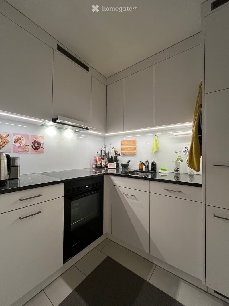 Modern kitchen with white cabinets, black countertops, built-in oven, sink, and various kitchen items on the counter.