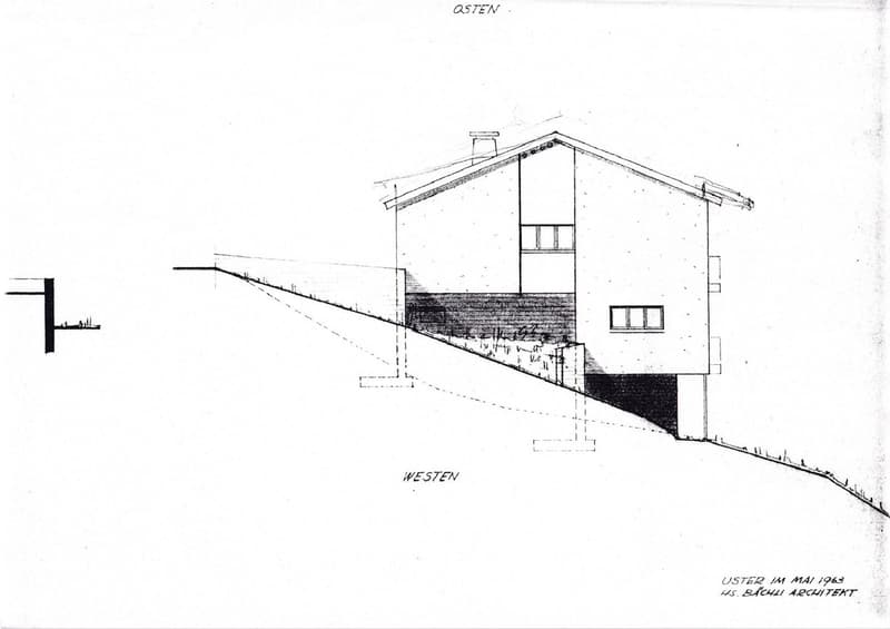 Architectural floor plan sketch showing a house with a raised ground floor, chimney, and multiple windows.