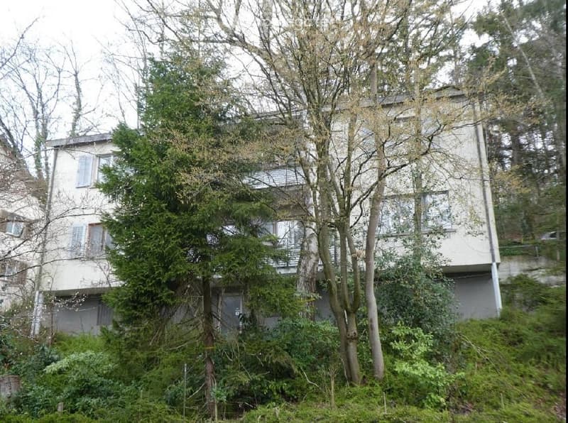 A modern, multi-story building with large windows and a raised ground floor, surrounded by trees and greenery.