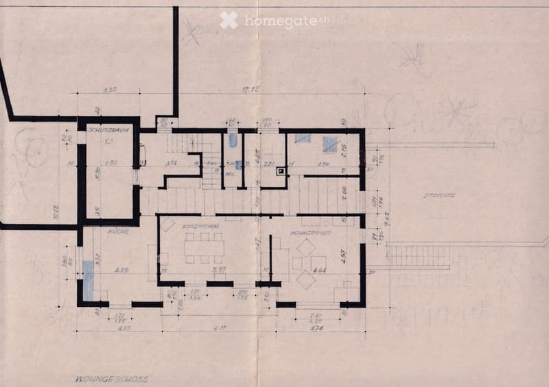Floor plan of a residential apartment showing a kitchen, dining room, living room, bedroom, and bathroom with labeled dimensions.
