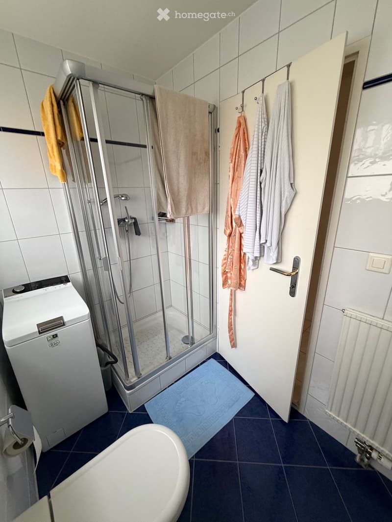 Bathroom with a bathtub, washing machine, shower, towels, and a radiator.