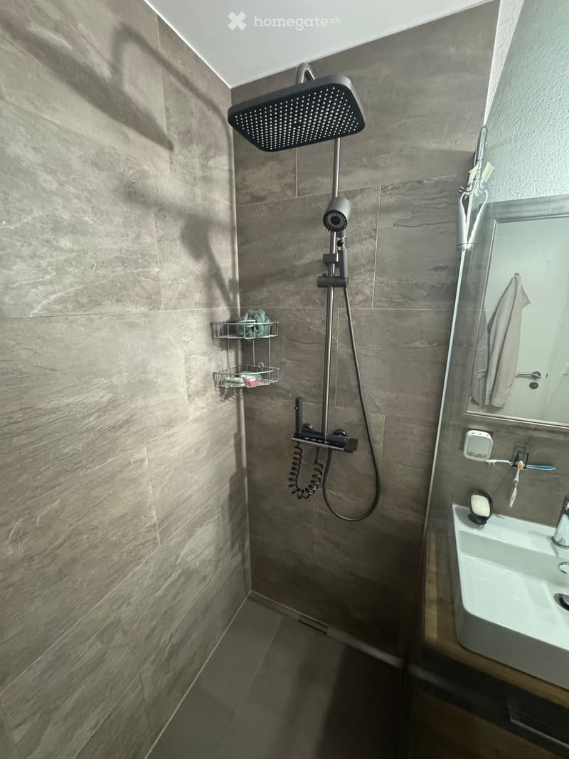 Modern bathroom with grey marble tiles, a large overhead shower head, a handheld shower hose, a shower rack with toiletries, a white sink with a modern faucet, and a mirror above the sink.