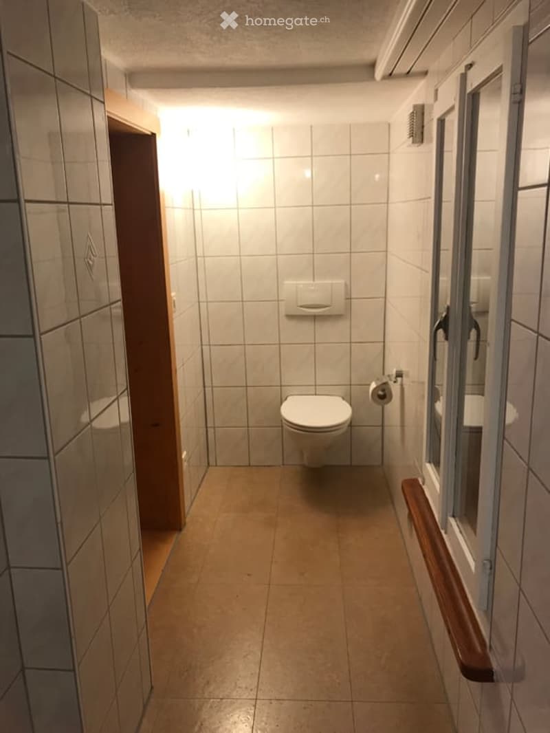 Small bathroom with white tiled walls and floor, a toilet, and a toilet paper holder. The room has a window with a wooden frame and a small shelf on the left side.