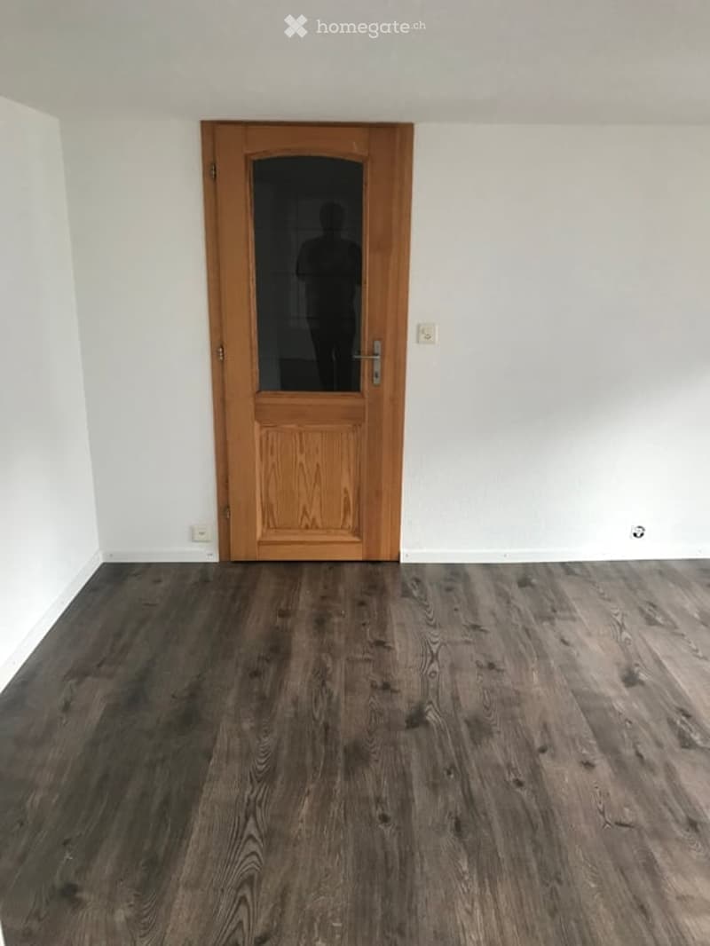 Empty room with wooden flooring and a single wooden door with glass panel.