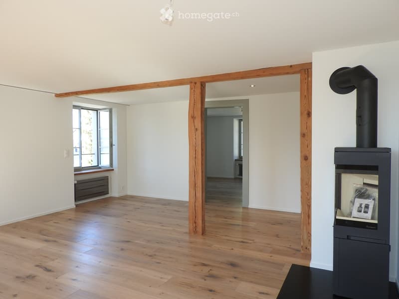 Empty room with wooden flooring, white walls, and a modern black wood-burning stove with a chimney. The room features exposed wooden beams and a large window with a view.