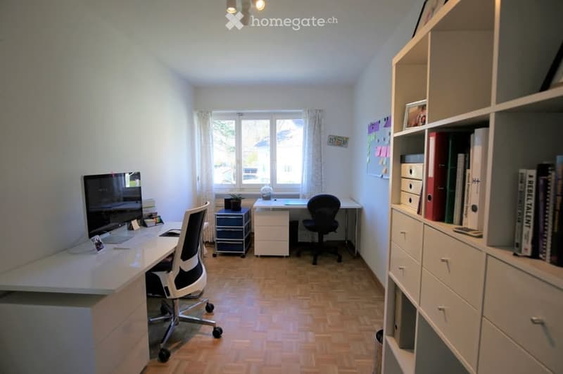 A modern, well-lit room with a large window, wooden flooring, and white walls. It features a desk with a computer screen, a chair, a shelf with books and binders, and a small cabinet with a plant on top.