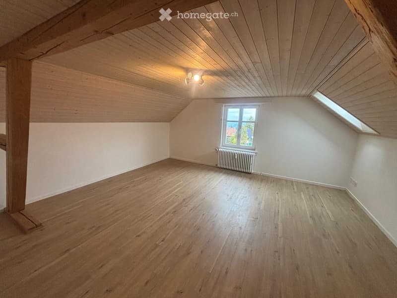 Empty attic room with wooden floors, white walls, and exposed wooden beams on the ceiling. Features a single window and a small skylight, with a radiator below the window.