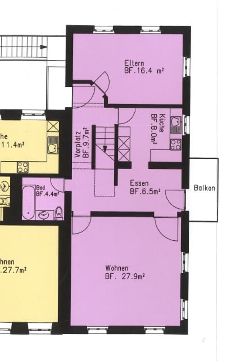 Floor plan of a 3-room apartment with living room, kitchen, bedroom, and balcony.