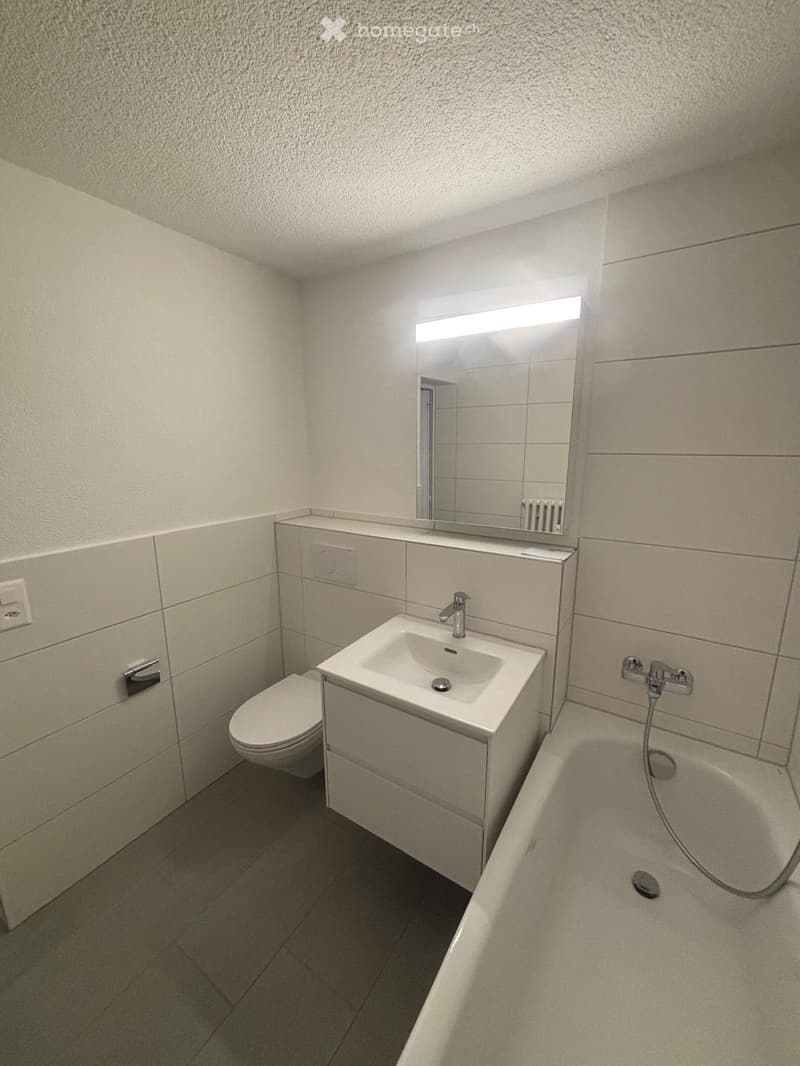 Modern bathroom with a white sink, toilet, bathtub, and large mirror above the sink.