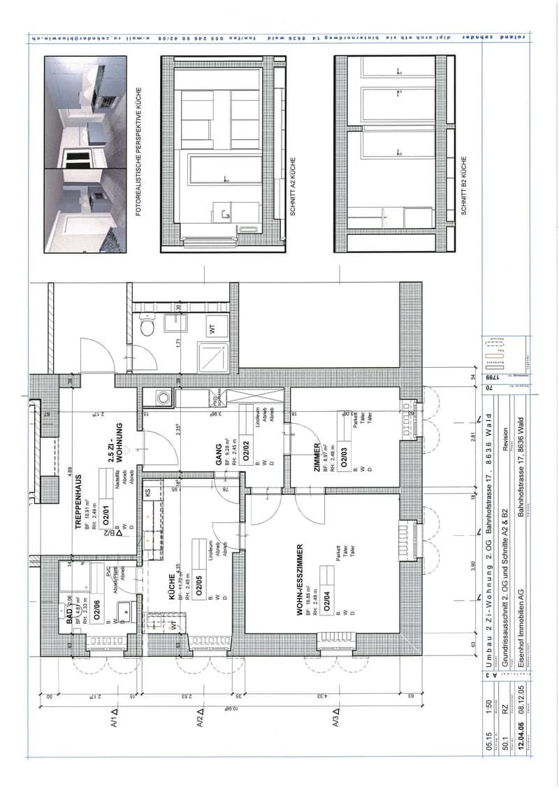 Floor plan of a multi-room apartment including a living room, kitchen, bedroom, bathroom, and hallway. The layout shows room dimensions, entry points, and a perspective view of the kitchen area.