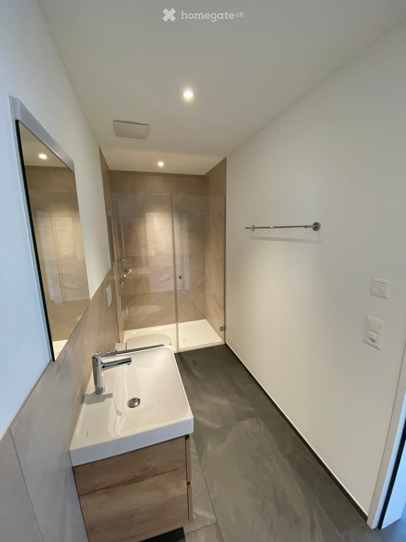 Modern bathroom with a white sink, chrome faucet, large mirror, toilet, and a glass-enclosed shower area.