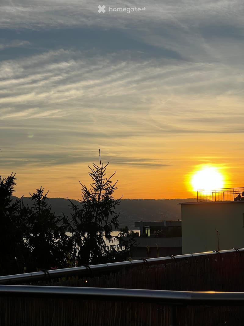 Balcony overlooking a scenic sunset view with trees and distant cityscape.