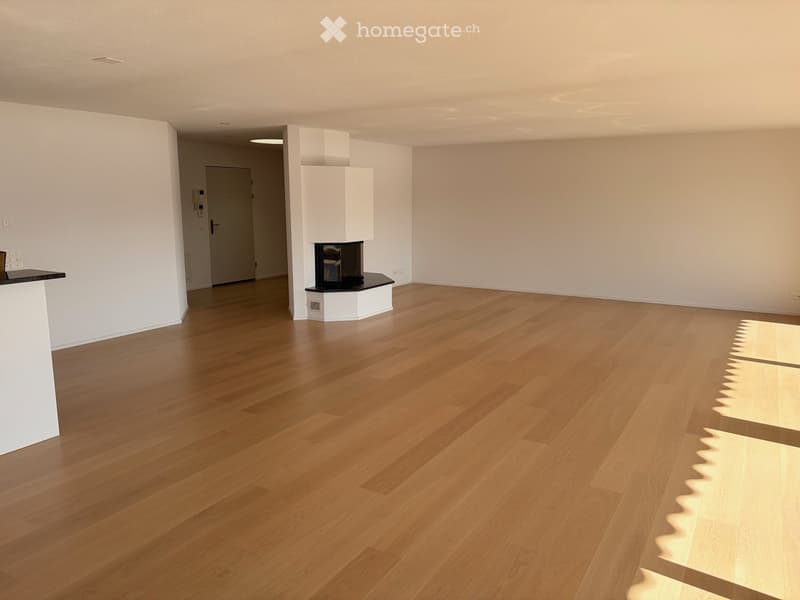 Empty room with light wooden flooring, white walls, and a built-in fireplace. No furniture or equipment is present.