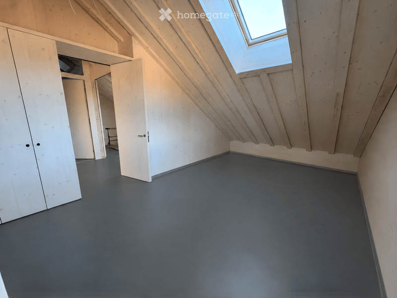 Empty attic space with wooden walls, dark grey flooring, and a skylight window. No furniture or equipment present.