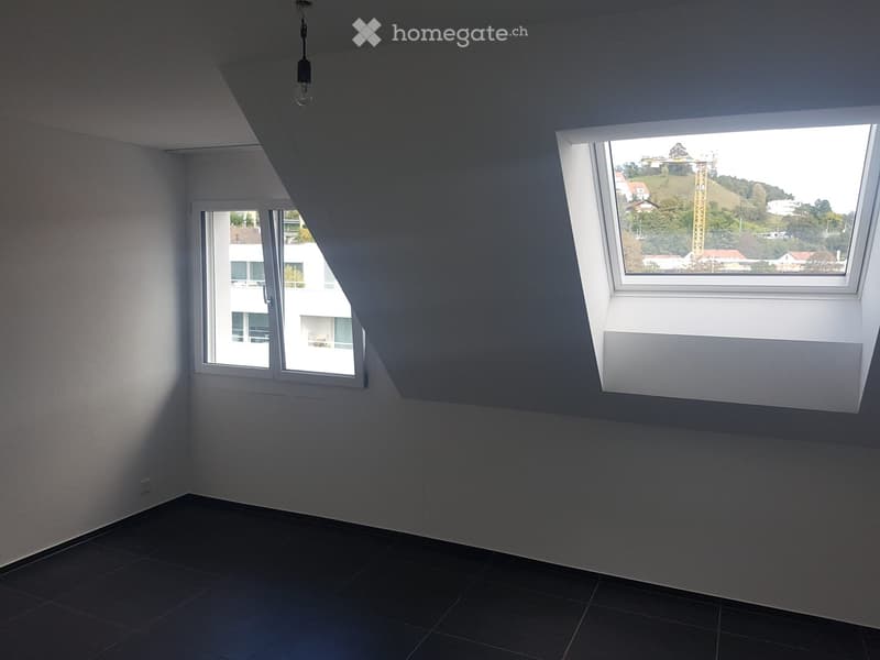 Empty room with dark tiled floor, white walls, and two windows offering a view of the surrounding area.