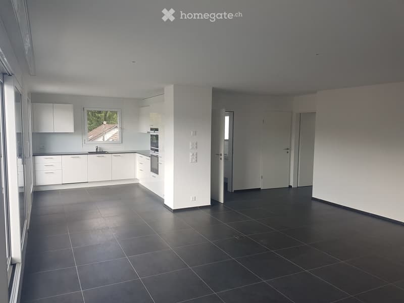 Open-plan kitchen and living area with white cabinets, dark tiled floor, and large windows. No furniture or appliances are present.