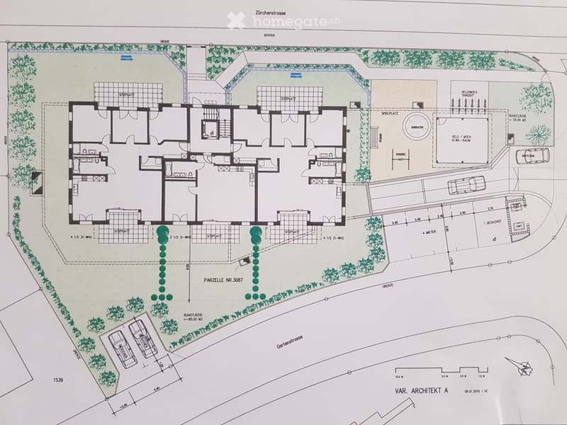 Floor plan of a multi-story residential building with labeled rooms, including living areas, bedrooms, bathrooms, and outdoor spaces.