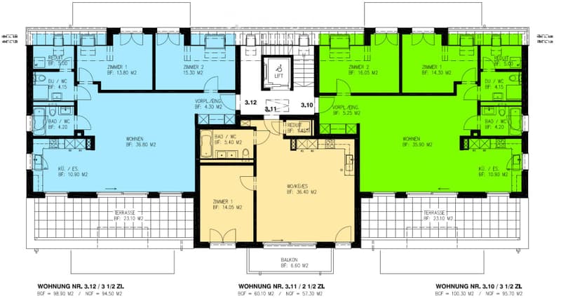 Floor plan showing three apartments: 3.12, 3.11, and 3.10, each with bedrooms, bathrooms, living areas, and terraces.